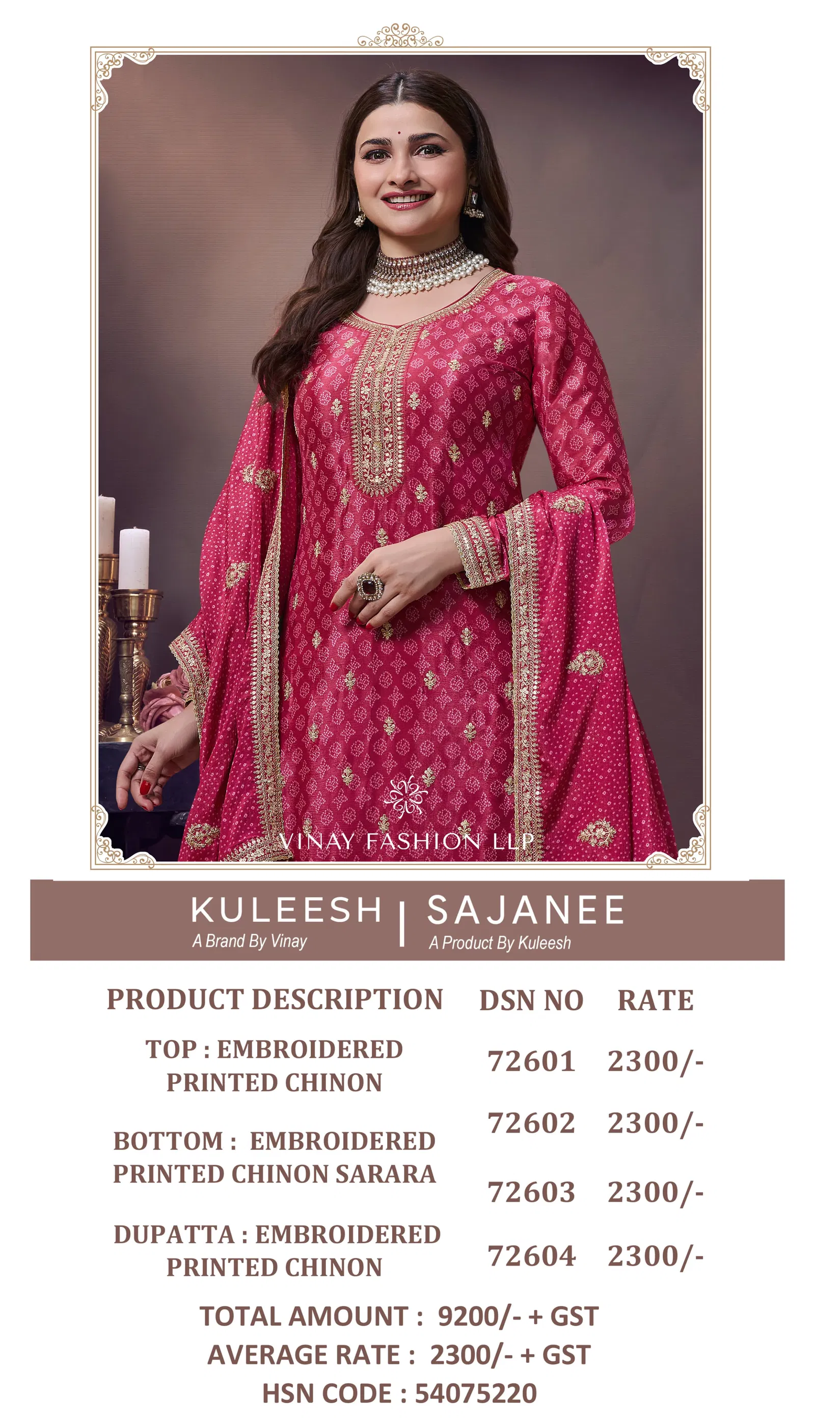 Sajanee By Vinay Kuleesh Chinon Designer Salwar Suit Wholesalers In Delhi